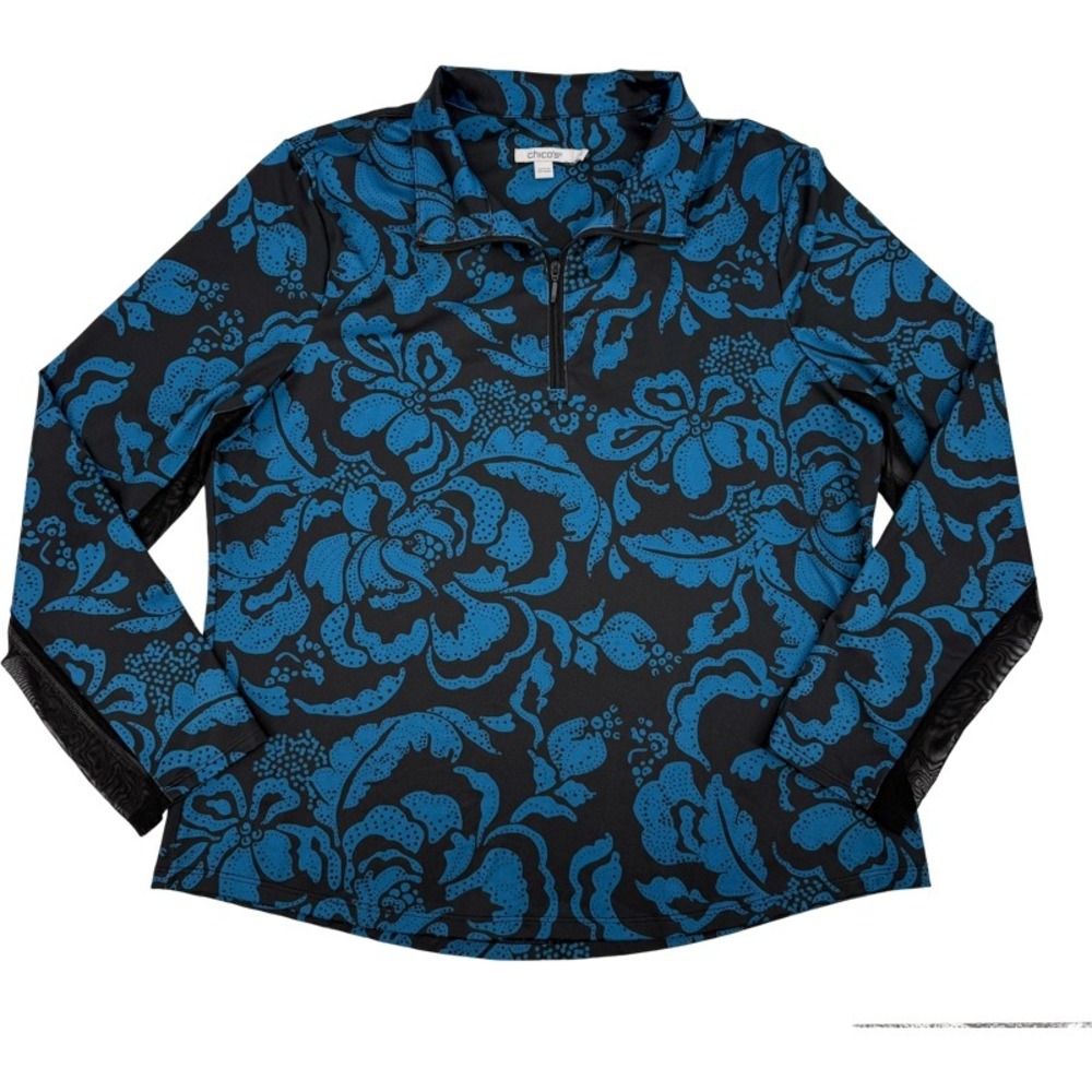 CHICOS 2 Large Quarter Zip Pullover Blue Black Floral Mesh Sleeve Active Top